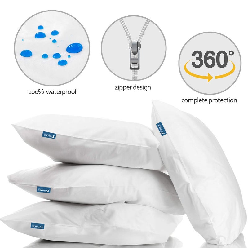 Moonsea Queen Pillow Protectors with Zipper 4 Pack Queen Size 20 x 30 inch Waterproof Pillow Case Protector Down Feather Proof Pillow Covers Encasement Pillow Case White - Image 4